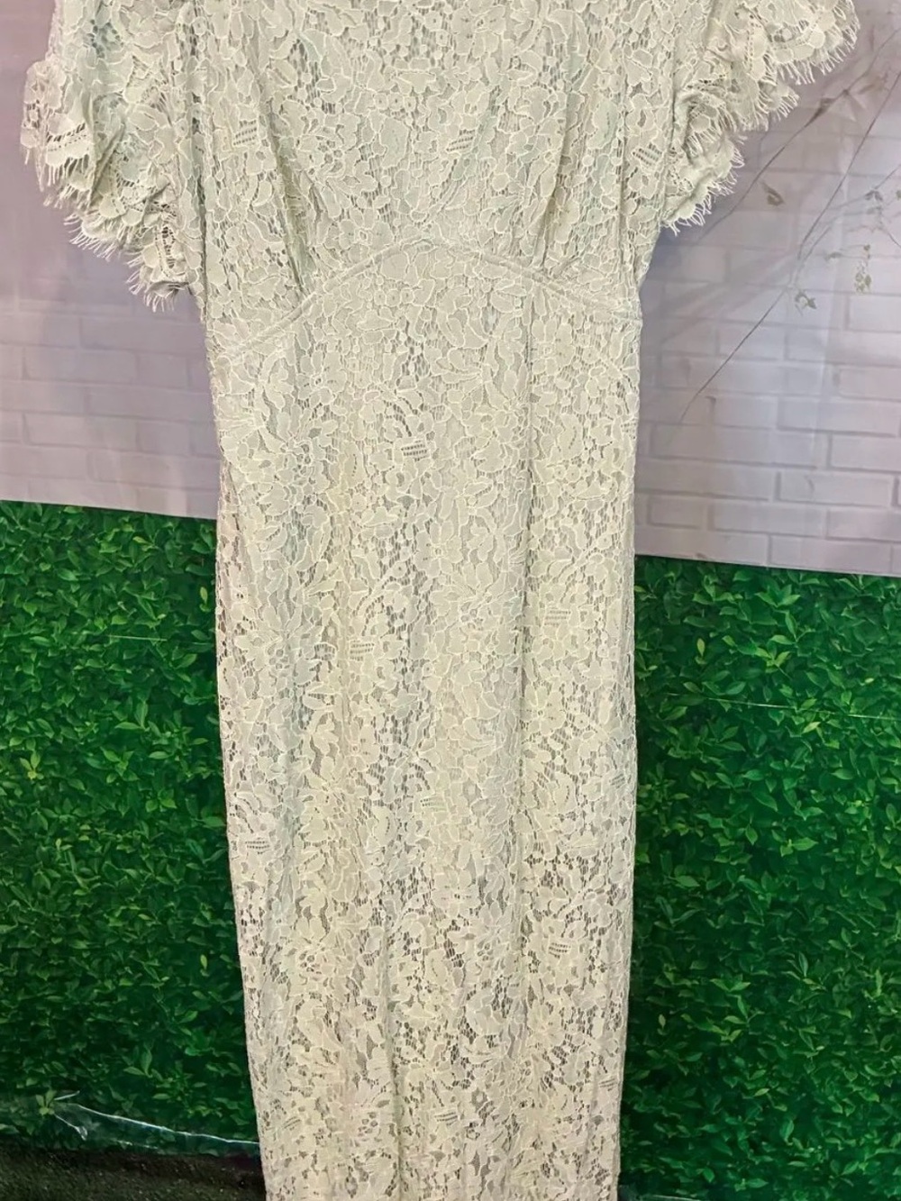 Promesa mint Lace Maxi Dress with Flutter Sleeves and scalloped at the hem